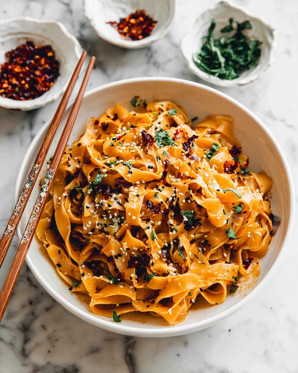 A white bowl filled with wide, orange-brown noodles coated in a glossy sauce sits on a white marbled surface. The noodles are layered loosely, with pieces of red chili and dark seeds sprinkled throughout. Fresh green herbs and chopped green onions are scattered on top, adding a pop of color. A pair of long, dark brown chopsticks rest inside the bowl, leaning on its edge. Parts of another bowl with the same noodle dish and small white bowls containing red chili flakes and green herbs are blurred in the background. Photo taken with an iphone --ar 4:5 --v 7