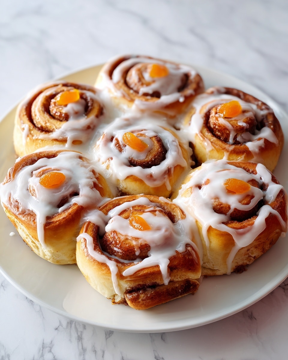 The image shows a white plate with eight cinnamon rolls arranged closely in a circle. Each roll has a golden brown, slightly shiny baked dough base with visible spirals of darker cinnamon filling inside. On top of each roll is a smooth, creamy layer of white icing drizzled unevenly, with a small bright orange fruit segment, likely a mandarin slice, placed at the center of each roll. The plate sits on a white marbled surface, and a woman's hand is picking up one of the rolls from the plate. The lighting highlights the soft texture of the dough and the glossy icing, making the rolls look fresh and inviting. photo taken with an iphone --ar 4:5 --v 7