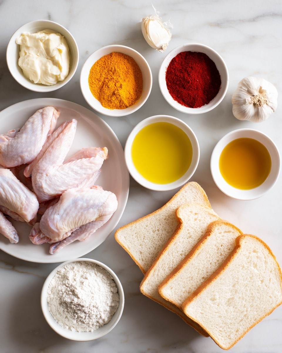 The image shows an overhead view of cooking ingredients arranged neatly on a white marbled surface. There are four small white bowls at the top containing a bright yellow liquid, orange powder, dark red powder, and yellow liquid from left to right. Below these, there is a small white bowl with a light golden liquid, another small white bowl with a creamy white substance, and a white bowl filled with white flour. To the left of these bowls, a white plate holds several raw chicken wings with light pink skin and white bones visible. In front of the ingredients, three slices of white bread with a soft texture are placed in a slight overlapping row. A whole head of garlic with its papery skin is placed between the bowls at the top. The setup is clean and organized, with bright natural light highlighting the colors and textures of each ingredient. The photo taken with an iphone --ar 4:5 --v 7