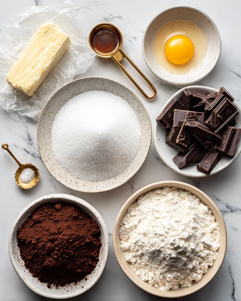 The image shows several baking ingredients arranged on a white marbled surface. In the center, there is a speckled white plate filled with white granulated sugar, and below it is a beige bowl filled with white flour with a rough texture. To the lower left, there is a small speckled white bowl filled with dark brown cocoa powder that looks soft and powdery. To the upper right of the sugar, there is a white bowl with a raw egg yolk sitting on top of the clear egg white. Next to the egg, there is a small white dish with amber-colored vanilla extract liquid. Above that is a gold measuring cup filled with dark chocolate chunks, showing a rough and solid texture. To the far left, there is a gold teaspoon with white granulated salt inside. At the top left side, there is a block of unsalted butter in its paper wrapper. All items are neatly placed, and the background has a clean white marbled pattern. Photo taken with an iphone --ar 4:5 --v 7