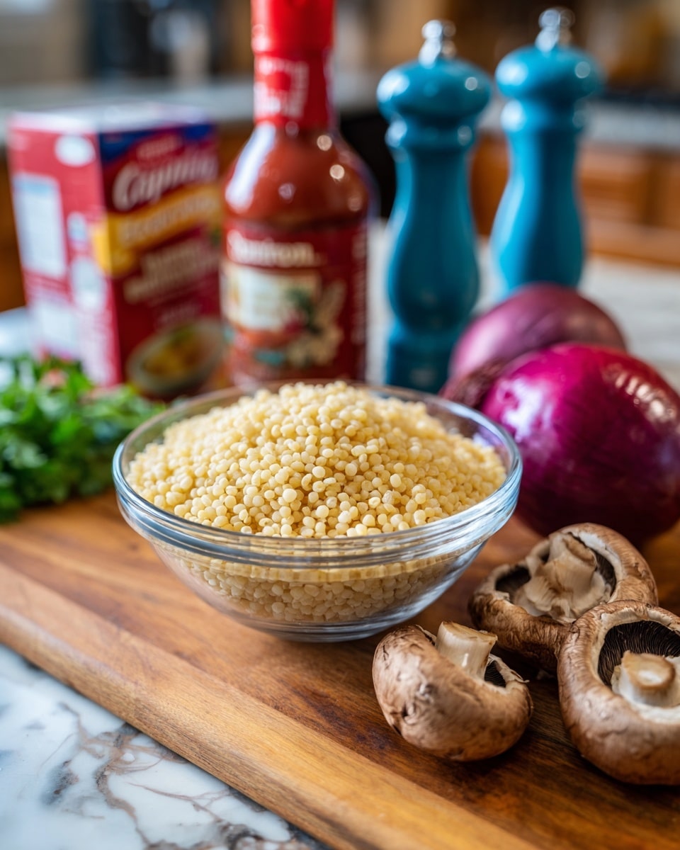 A clear glass bowl full of cooked light yellow grains is centered on a wooden table with a white marbled texture. In the foreground are three light brown mushrooms with dark undersides on the right and a purple onion and some green leafy herbs on the left. Behind the bowl, a red jar of roasted red peppers is on the left, a carton of Campbell's beef broth is in the middle, a shiny red bottle is next to it, and two tall blue salt and pepper shakers stand on the far right. The background is blurred, focusing attention on the ingredients. Photo taken with an iphone --ar 4:5 --v 7