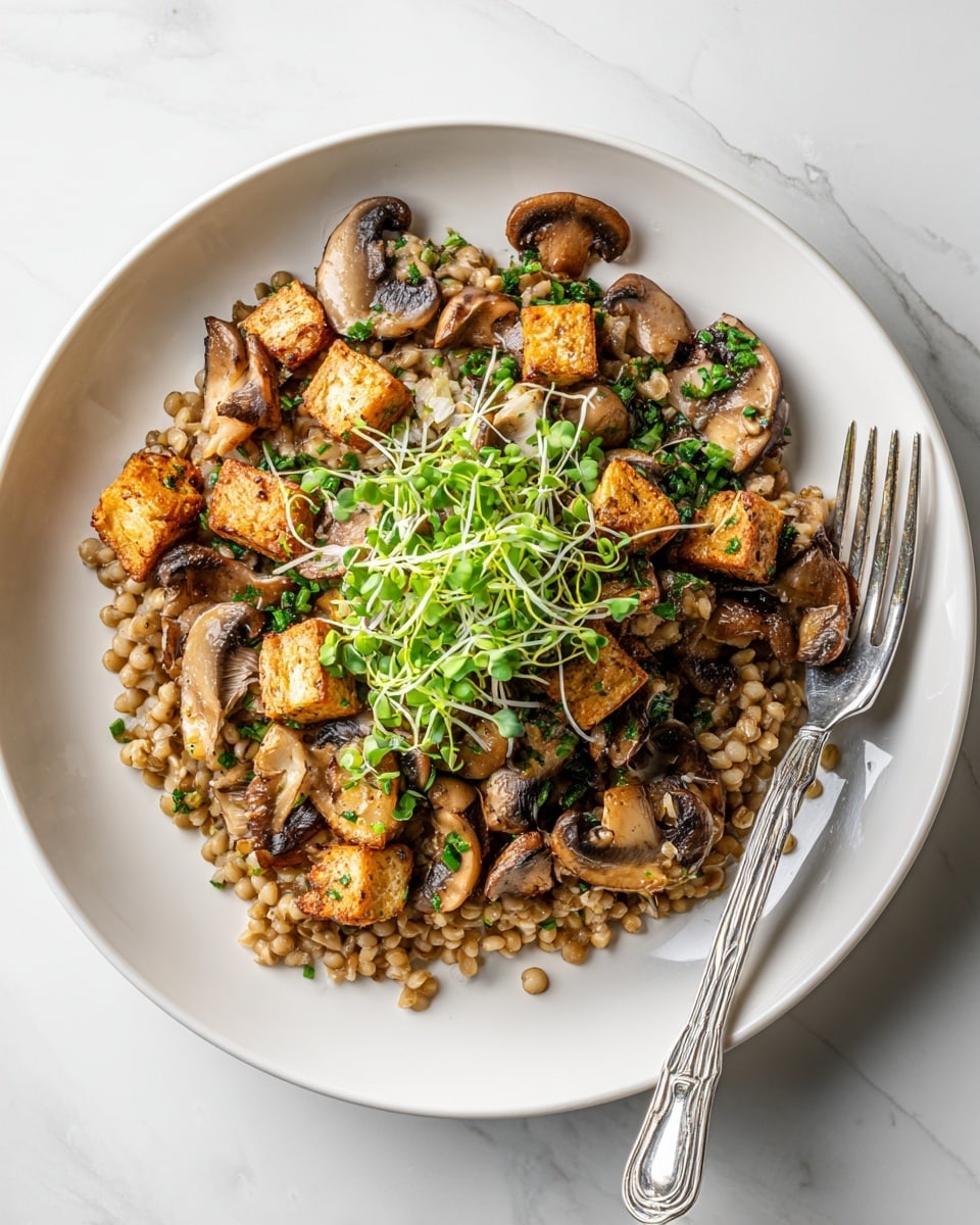 A white plate sits on a white marbled surface with a bed of light brown barley grains forming the bottom layer. On top, there is a mix of sliced mushrooms in beige and light brown tones, along with small golden-brown cubes of roasted vegetables scattered throughout. Bright green chopped spring onions and fresh green microgreens lay on the top, adding a pop of color. A silver fork rests on the right side of the plate, partially inserted into the food. Photo taken with an iphone --ar 4:5 --v 7