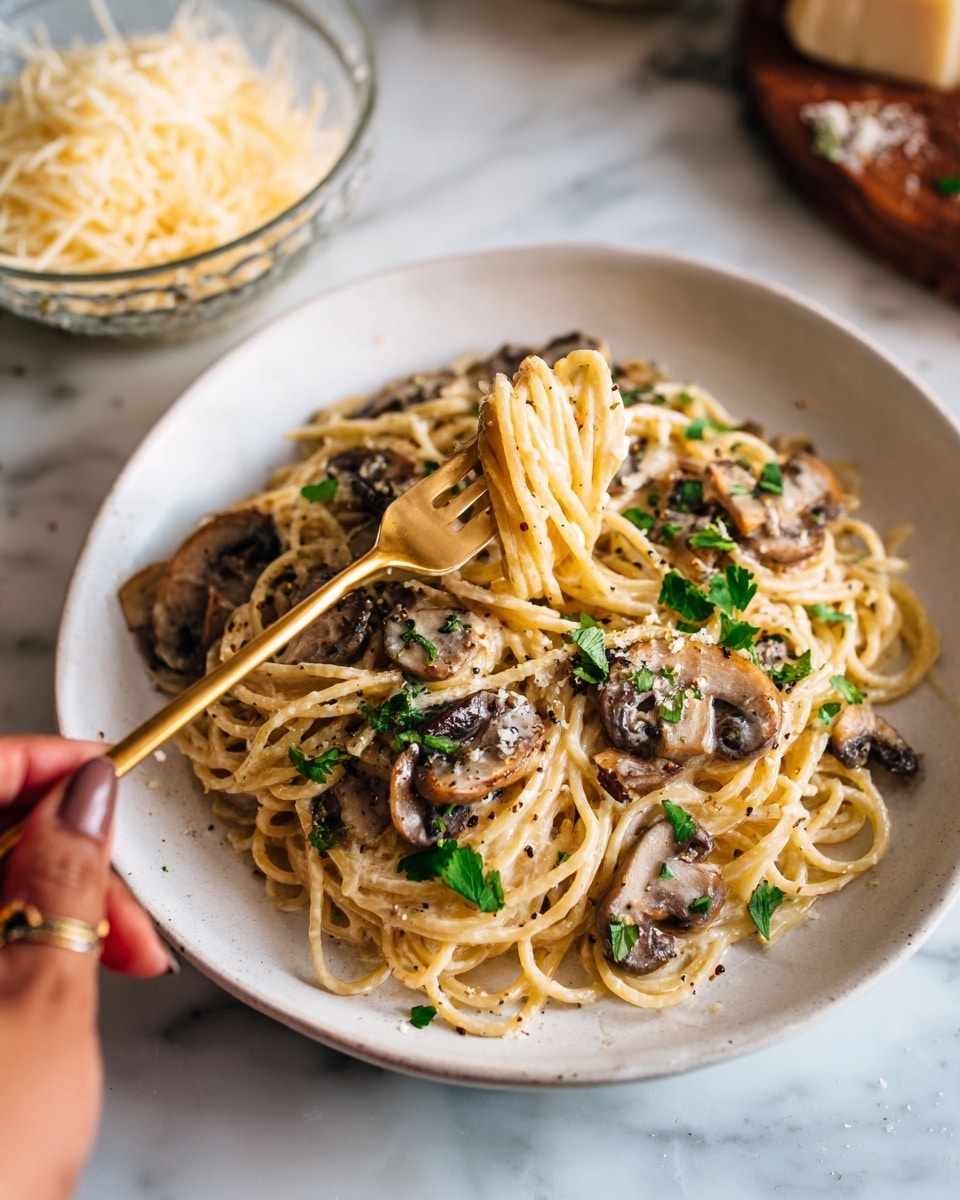 A close-up view of a white plate filled with creamy pasta. The pasta is long and coated in a light beige sauce with specks of black pepper and small green parsley leaves on top. There are sliced mushrooms mixed evenly through the pasta, giving a mix of light brown and cream colors. A woman's hand holds a golden fork twirling some pasta, positioned on the left side of the plate. The plate sits on a white marbled surface with a bowl of grated cheese blurred in the background. Photo taken with an iphone --ar 4:5 --v 7