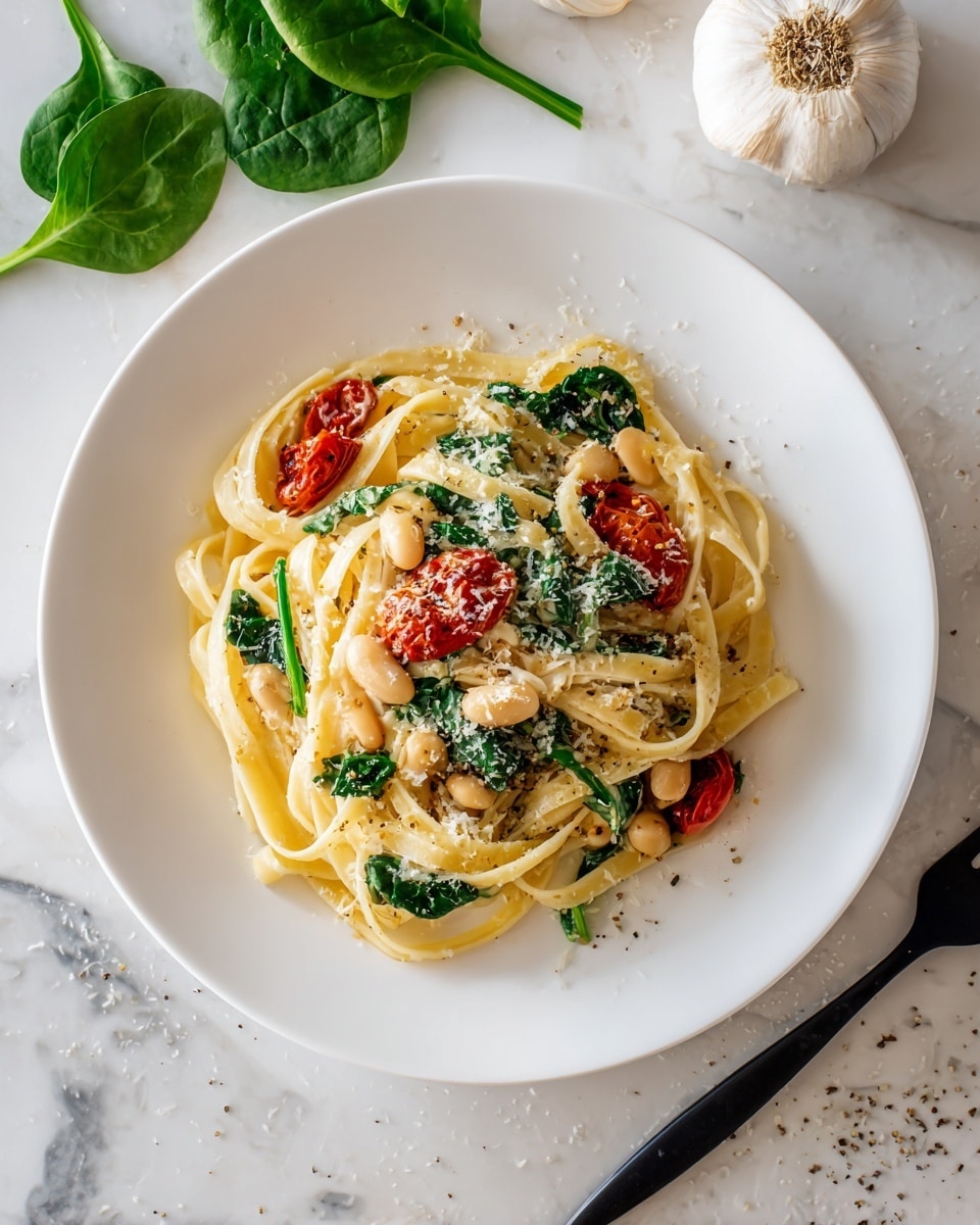 A white plate filled with a layer of light yellow flat pasta noodles, mixed with small white beans scattered evenly throughout. On top of the noodles and beans are several bright red roasted cherry tomatoes and dark green spinach leaves, creating a nice contrast. Thin shreds of grated white cheese are lightly sprinkled across the dish, with small black pepper flakes adding texture. The plate sits on a white marbled surface. A black fork is placed to the right of the plate, and a whole garlic bulb is in the upper left corner. A few spinach leaves are seen on the bottom left near the plate. photo taken with an iphone --ar 4:5 --v 7