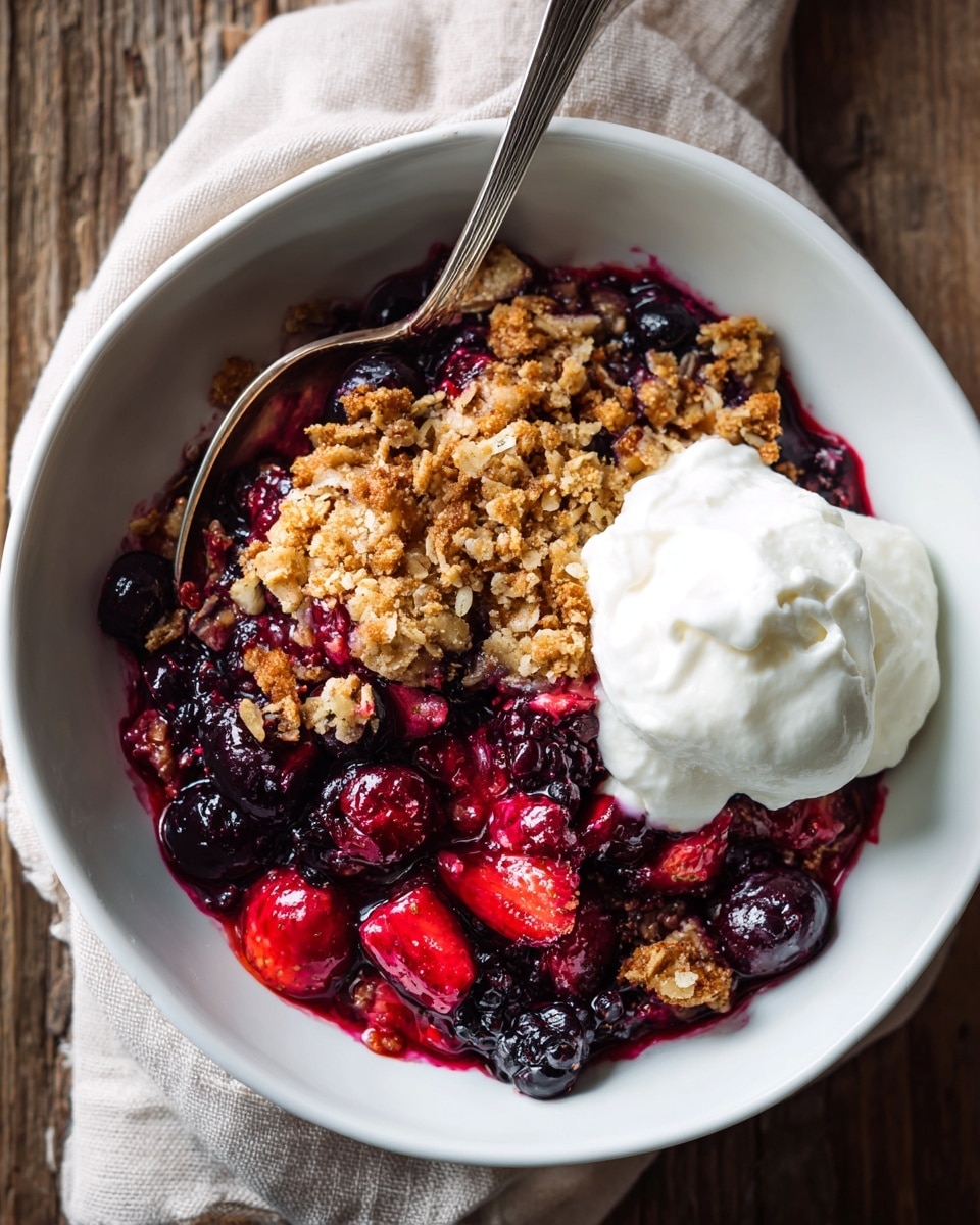 A white bowl filled with a layered berry crisp dessert sits on a white marbled surface with a light pink cloth beside it. The dish has a base layer of dark red and purple mixed berries, topped with a golden brown crumbly oat topping. On top of the crumble, there is a large dollop of smooth white whipped cream. A silver spoon is placed inside the bowl with a woman's hand holding it gently from the right side. The photo taken with an iphone --ar 4:5 --v 7