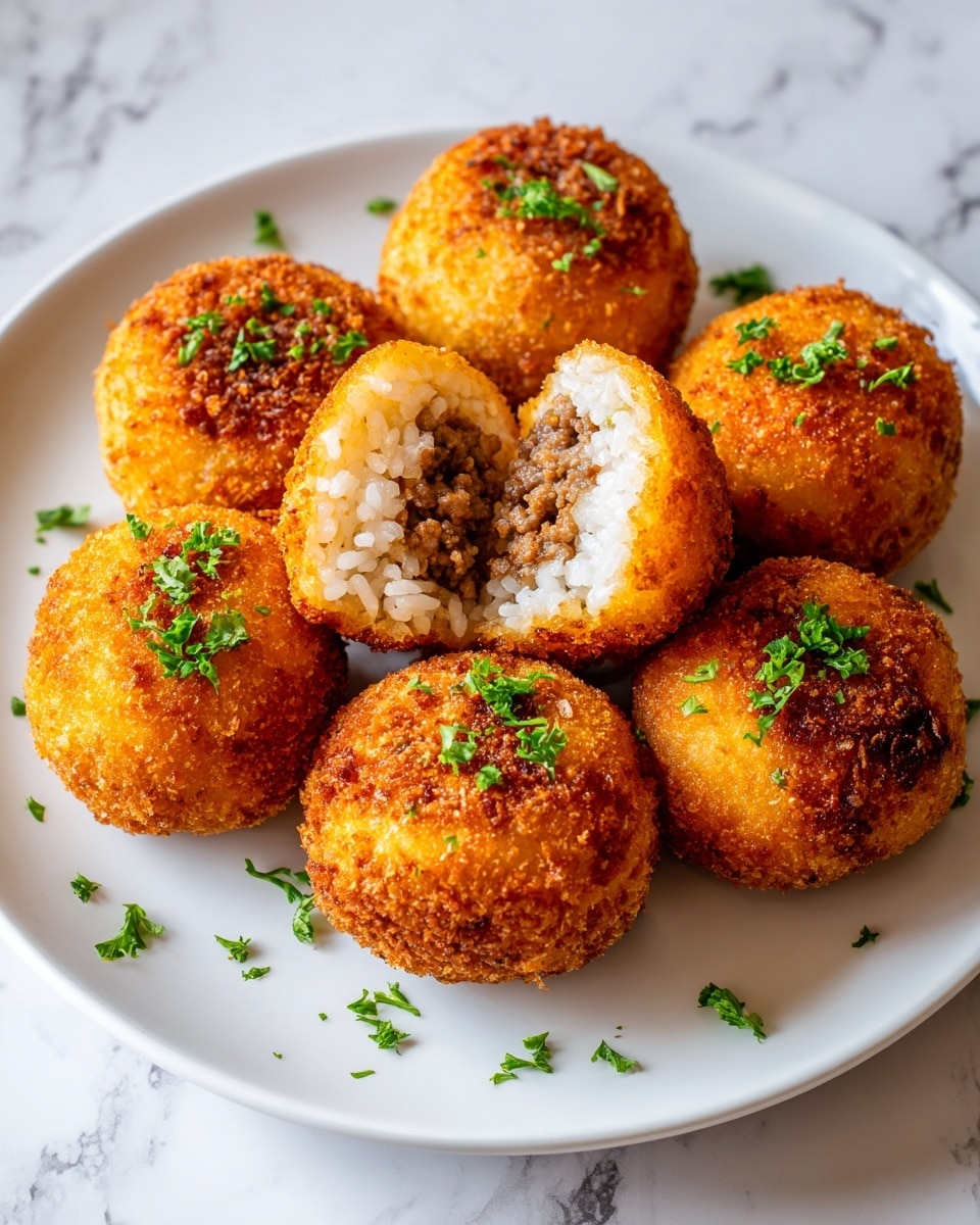 A white plate holds seven round, golden-brown fried rice balls, each coated with a crispy breadcrumb layer that has a slightly rough texture. One rice ball is cut open, showing three layers: the outer crispy breadcrumb layer, a middle layer of sticky white rice grains, and a small center filled with finely ground cooked meat. The rice balls are sprinkled with small pieces of fresh green parsley, adding a pop of color. The plate is placed on a white marbled surface, creating a clean and bright background. photo taken with an iphone --ar 4:5 --v 7
