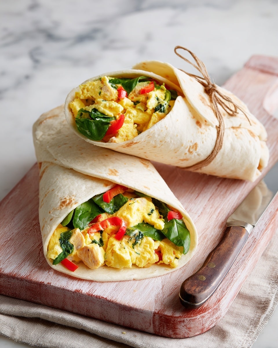 The image shows a soft tortilla wrap on a light pink wooden board with two servings: one wrapped and tied with string, and the other open with visible layers. The open tortilla has a thick bottom layer of light beige soft bread, topped with a mix of cooked yellow scrambled eggs and green spinach leaves scattered unevenly. Red bell pepper strips and small pieces of cooked chicken are mixed throughout the egg and spinach. To the right of the board, there is a knife on a light beige cloth napkin. The background is a white marbled texture. Photo taken with an iphone --ar 4:5 --v 7