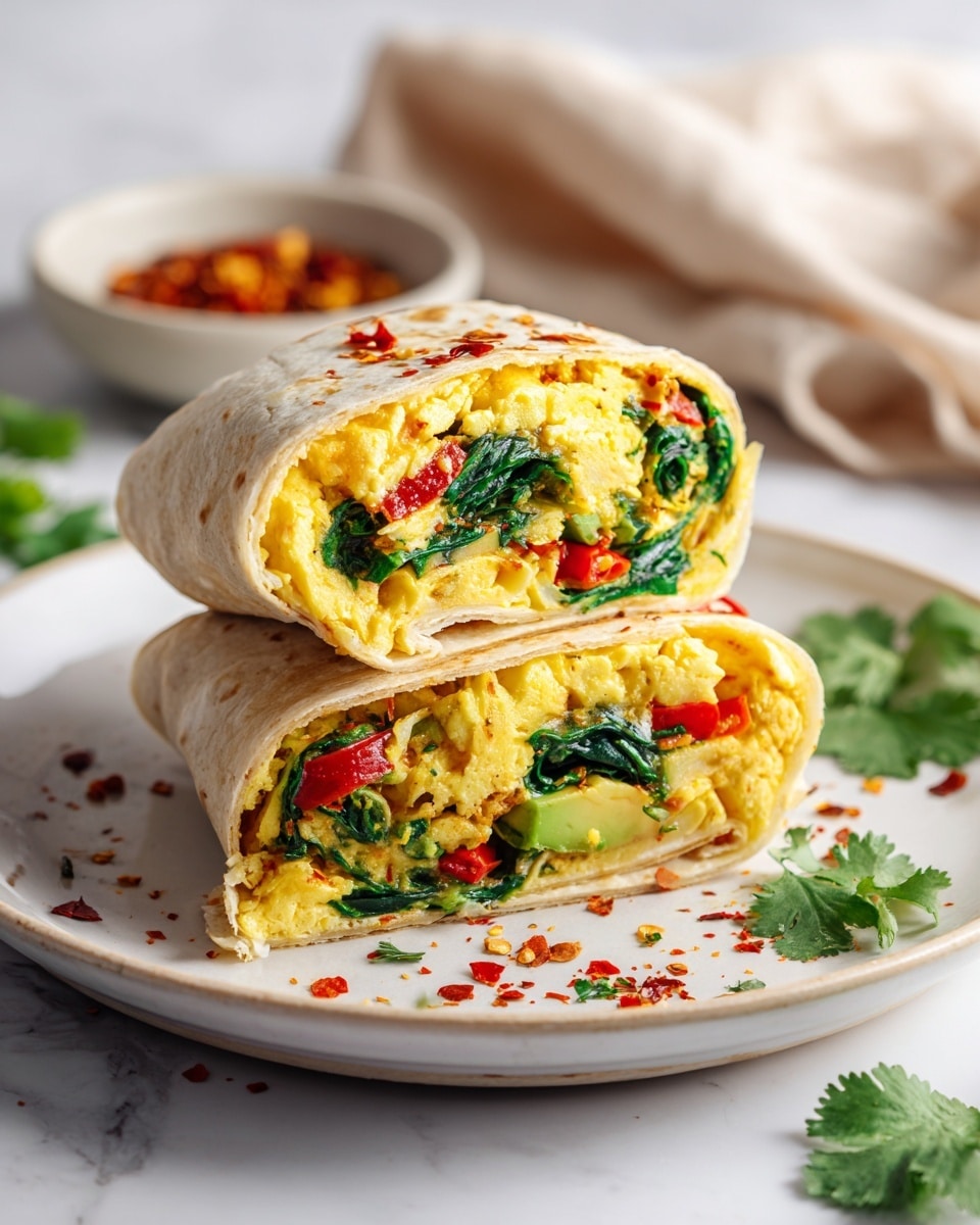 The image shows two halves of a wrap placed on a white plate, stacked one on top of the other. Each half has three clear layers: the outer layer is a soft light beige tortilla, the middle layer contains bright yellow scrambled eggs with a fluffy texture, and beneath the eggs is a green and red vegetable mix including spinach and diced red peppers. The wrap is garnished with some red chili flakes and a few fresh green herb leaves scattered on the plate. The background is a white marbled surface with some blurred greenery and small bowls. Photo taken with an iphone --ar 4:5 --v 7