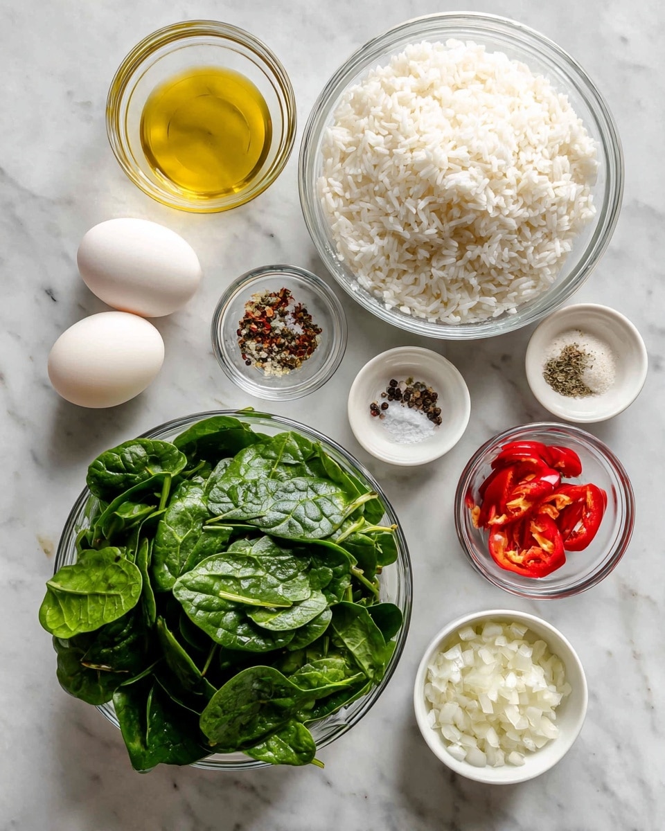 The image shows a white marbled surface with several clear glass bowls and small white bowls arranged neatly. One large bowl is filled with fresh green spinach leaves. Another large bowl contains cooked white rice. There is a small white bowl holding three white eggs. Smaller bowls contain finely chopped white onions, chopped red bell peppers, a light yellow liquid likely olive oil, coarse black pepper, ground pepper, and a small amount of white salt. The ingredients are spread out and clearly visible. Photo taken with an iphone --ar 4:5 --v 7
