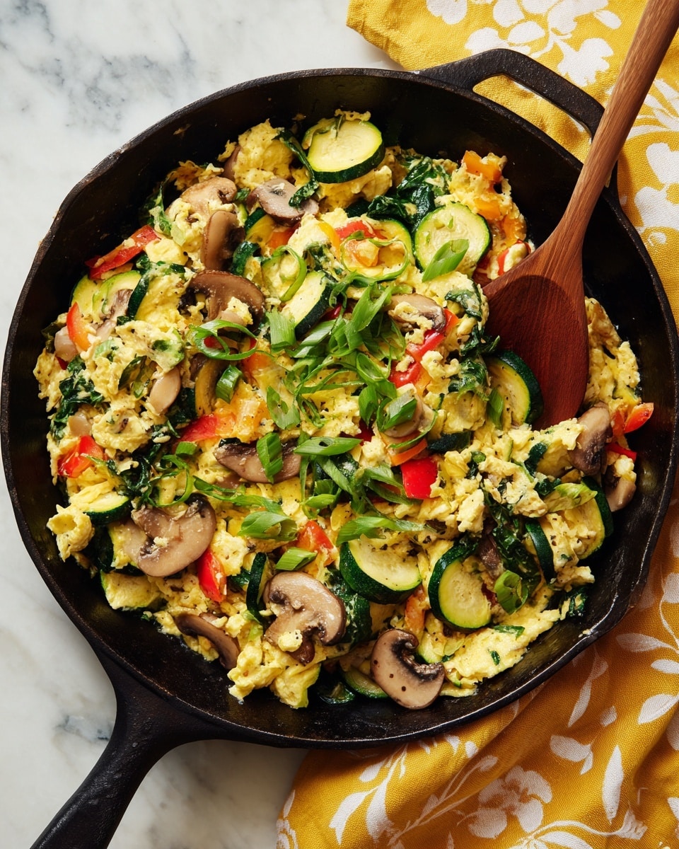 A cast iron pan holds a colorful scramble with three layers: the base is soft, scrambled eggs in pale yellow with a fluffy texture, mixed evenly with slices of vibrant green zucchini and orange bell pepper rings. Scattered throughout are small pieces of mushrooms in light brown and some wilted bright green spinach leaves. On top, thinly sliced green onions add fresh green touches. A wooden spoon rests on the right side of the pan, showing a natural wood grain texture. The pan sits on a folded yellow cloth with white patterns over a white marbled surface. Photo taken with an iphone --ar 4:5 --v 7