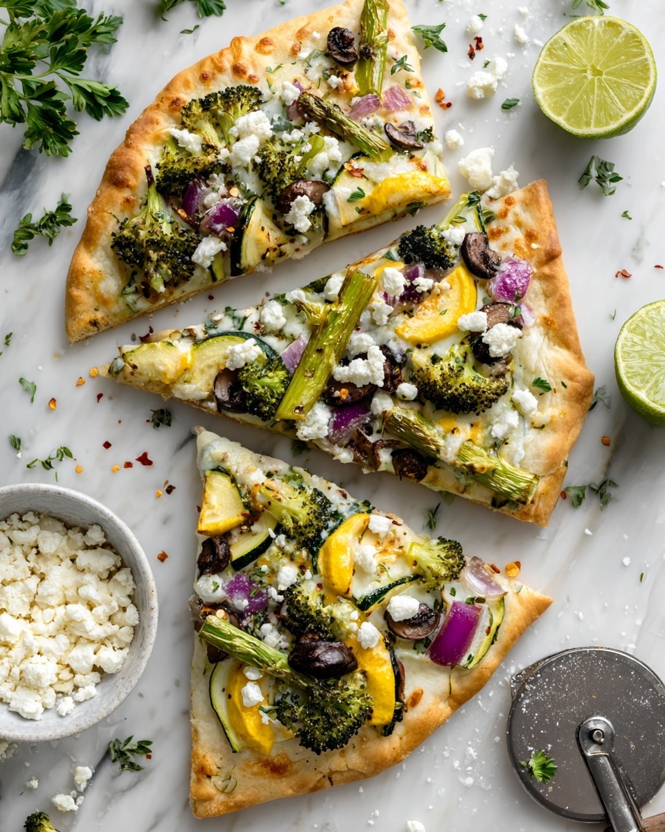 The image shows three slices of flatbread pizza on a white marbled surface. Each slice has one layer of a light golden crust topped with melted white cheese. On top, there are colorful vegetables: bright green broccoli florets, green asparagus stalks, slices of green zucchini, yellow squash rounds, red onion slices, and pieces of brown mushrooms. Crumbled white cheese is sprinkled on top along with some green herbs and a few red chili flakes. On the left side is a small clear bowl with more white cheese. At the top right corner is a round slice of zucchini. A pizza cutter is also partially visible near the top right side. photo taken with an iphone --ar 4:5 --v 7