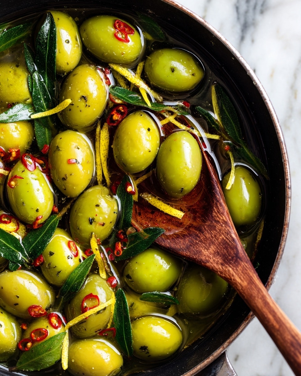 The image shows a close-up view of a black pan filled with whole and halved green olives, scattered dark green herbs, thin yellow lemon peel strips, and small red chili flakes, all swimming in a shiny layer of golden olive oil. A wooden spoon with a smooth, rich brown texture rests on the right side, partially submerged in the oil, touching the olives and herbs. The olives are shiny and plump, while the herbs and lemon peel add a textured and fresh look around them. The scene is set against a white marbled surface. photo taken with an iphone --ar 4:5 --v 7