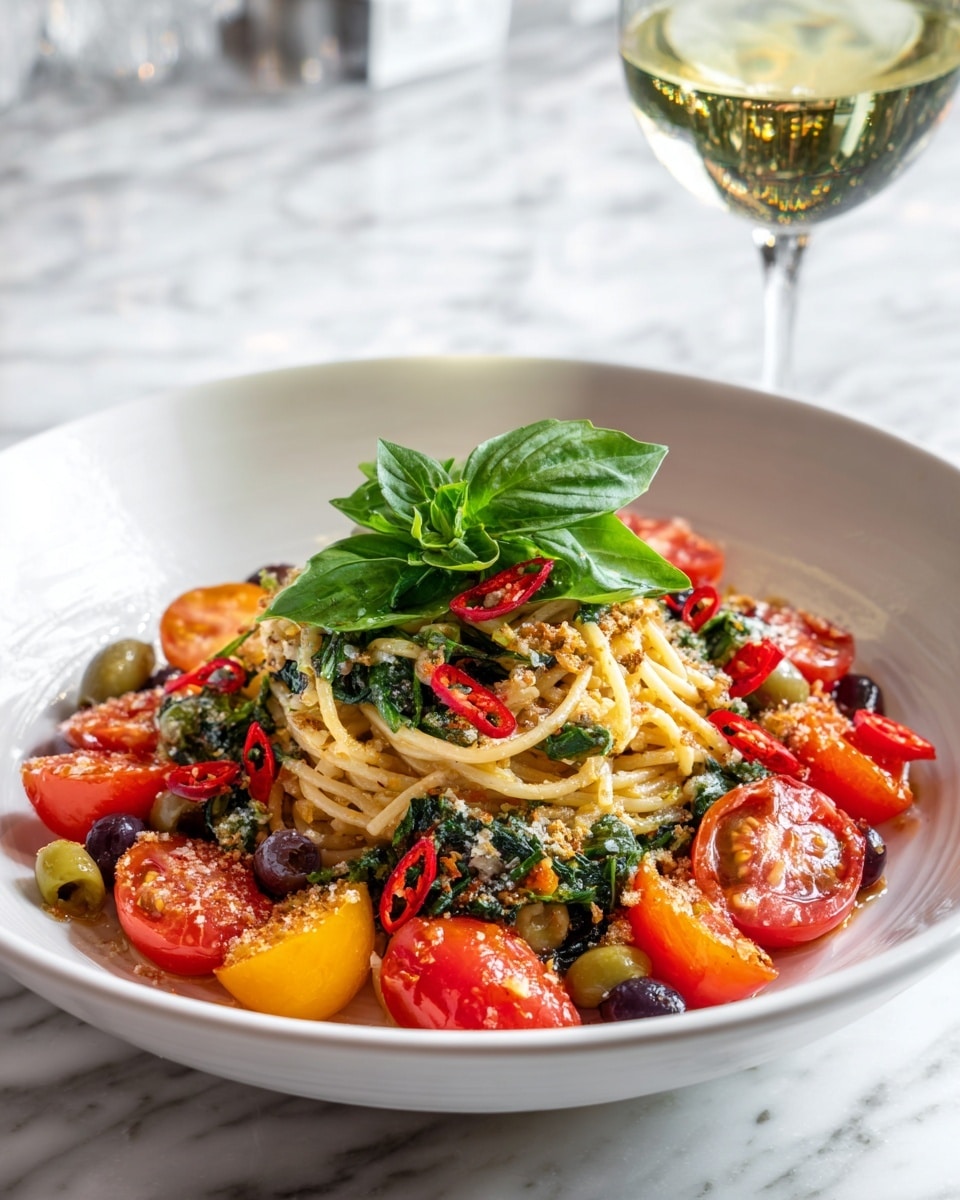 A white bowl filled with a nest of light yellow spaghetti on top, scattered with green olives and chopped dark green herbs. Around the pasta, there are thin slices of red and yellow tomato visible under the noodles. Dried whole red chili peppers and some light brown crumbs are sprinkled over the pasta. Fresh bright green basil leaves are placed on the side of the bowl and nearby on the white marbled surface. The background is softly blurred, with a small clear glass filled with a pale liquid near the bowl. Photo taken with an iphone --ar 4:5 --v 7