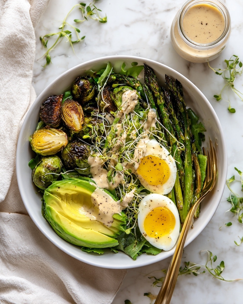 A white bowl filled with a fresh salad placed on a white marbled surface. The bottom layer consists of different greens including asparagus and leafy herbs. On top are grilled Brussels sprouts, the green halves showing char marks. Sliced avocado with a smooth green texture sits on one side. Two halves of a soft-boiled egg with bright yellow yolks and white edges are arranged in the center. The whole dish is drizzled with a light cream sauce and sprinkled with microgreens. A gold fork rests inside the bowl on the right side, and a white cloth is placed near the bowl. Small green leaves are scattered around the surface. Photo taken with an iphone --ar 4:5 --v 7