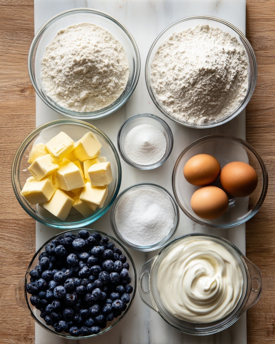 The image shows a neat arrangement of baking ingredients on a wooden table. There are nine glass bowls and containers placed in two rows. The top row has a large bowl of white flour on the right, two brown eggs in the middle, a small bowl with white powder likely baking soda or powder, and a small bowl with another white powder. The bottom row features a glass bowl filled with yellow butter cubes on the left, a larger bowl of white sugar in the center, and a clear bowl full of fresh dark blue blueberries on the right. A small measuring cup filled with thick white yogurt or sour cream is placed near the center among the other ingredients. The surface is a white marbled texture. Photo taken with an iphone --ar 4:5 --v 7