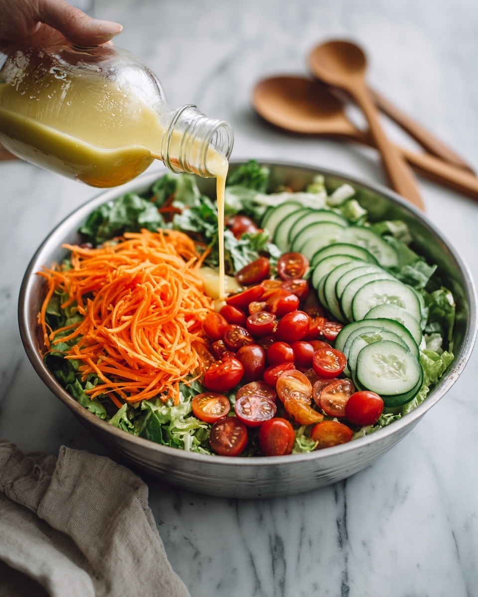 A large round metal bowl on a white marbled surface holds a fresh salad with four main layers. The bottom layer is green leafy lettuce spread around the base with texture showing the leaves. On the right, there is a layer of sliced bright green cucumbers, smooth and slightly shiny, arranged in an overlapping row. In the center and left, there is a layer of round, red cherry tomatoes, some whole and some sliced in half, showing a juicy inside. The final layer on the far left side consists of shredded orange carrots, thin and soft looking. A woman's hand is pouring a light yellow dressing from a clear glass bottle onto the salad. Two wooden spoons lie blurred in the background. Photo taken with an iphone --ar 4:5 --v 7