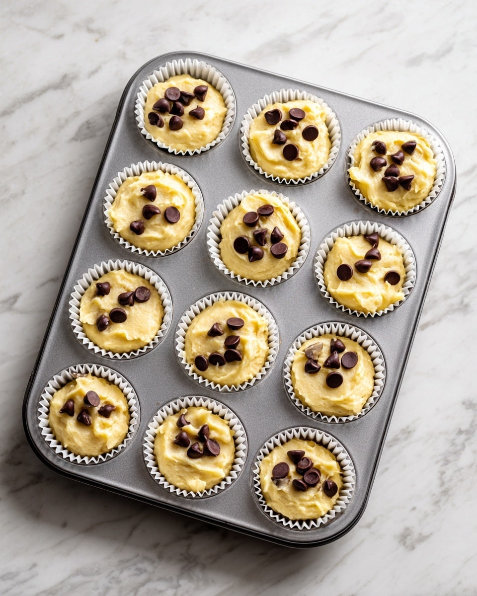 A top view of a metal muffin tray holding twelve white paper cupcake liners filled with pale yellow batter mixed with dark chocolate chips evenly spread on top. The batter looks thick and smooth, filling each liner almost to the top, with three to five chocolate chips visible on each cupcake. The muffin tray is placed on a white marbled surface. photo taken with an iphone --ar 4:5 --v 7