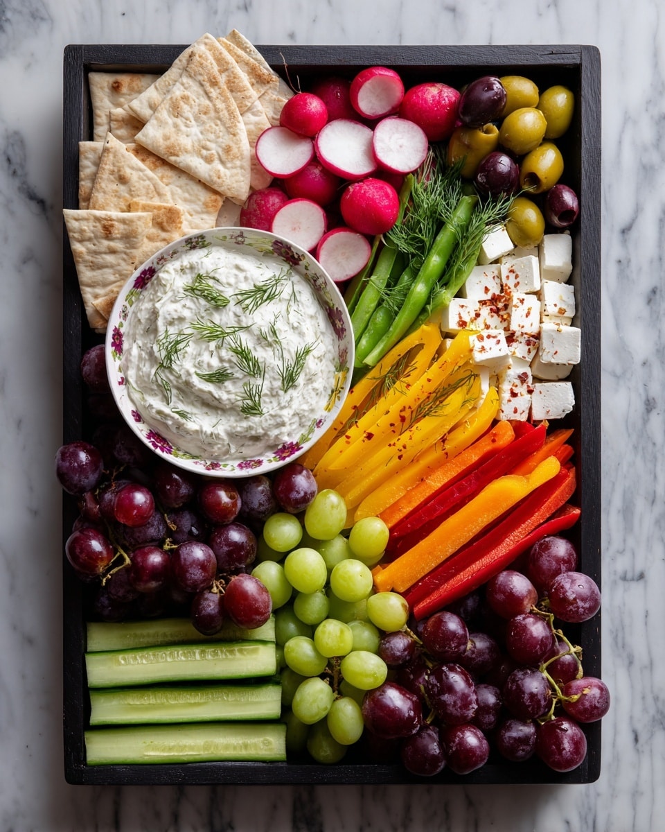 A large rectangular black tray sits on a white marbled texture surface, filled with colorful fresh vegetables and dips arranged in layers. In the center left, there is a small porcelain bowl with floral patterns holding a creamy white dip with herbs. Surrounding the bowl are bright green snap peas placed in two bunches, both at the top and bottom right edges. Next to the snap peas are semi-circular slices of beige pita bread placed at both top left and bottom right corners. Close to the top center, there are small red and white radish pieces, along with deep purple beet slices. Vibrant yellow mini bell peppers, halved and stuffed with a white filling, sit near the middle top right, flanked by green and black olives and cubes of white cheese sprinkled with red flakes. On the left bottom corner, ripe red cherry tomatoes cluster next to a few carrots in orange, yellow, and purple hues. Fresh red grapes mixed with green sprigs of dill add freshness spread in two spots toward the bottom and middle right. Thin long cucumber slices with a light green color are neatly stacked in the middle, some sprinkled with red flakes. Another group of halved red mini bell peppers rests on the bottom middle, adding more bright contrast to the arrangement. photo taken with an iphone --ar 4:5 --v 7