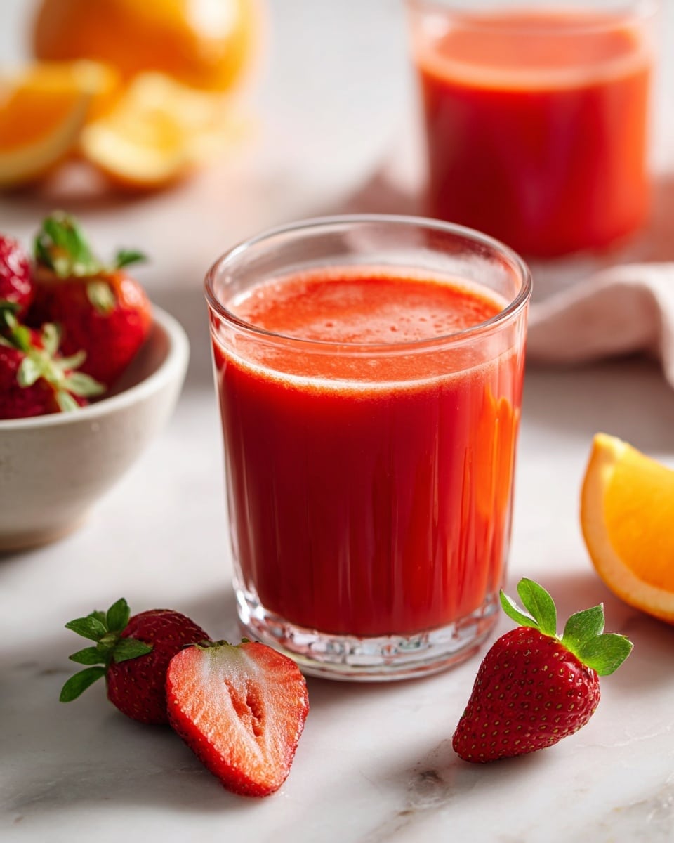 The image shows a clear glass filled with bright red juice placed on a white marbled surface. Around the glass, there are fresh strawberry halves with green leaves and an orange slice partially visible in the background. A part of a wooden bowl containing more orange slices and strawberries is blurred in the back. The juice looks smooth and thick, and the scene has soft natural lighting. photo taken with an iphone --ar 4:5 --v 7