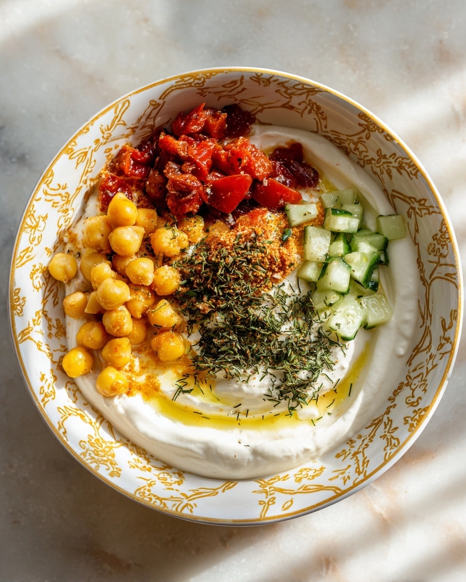 A shallow white bowl with gold patterns around the rim holds a creamy white base topped with several layers: a cluster of light brown chickpeas in the center, bright green diced cucumbers on two sides, small pieces of red tomato near the cucumbers, and a pile of finely shredded yellow cheese on one side. Dark green herbs are sprinkled over the top, and there is a drizzle of golden olive oil shining on the creamy layer underneath. The bowl is placed on a white marbled surface, and a silver spoon is resting nearby. Photo taken with an iphone --ar 4:5 --v 7