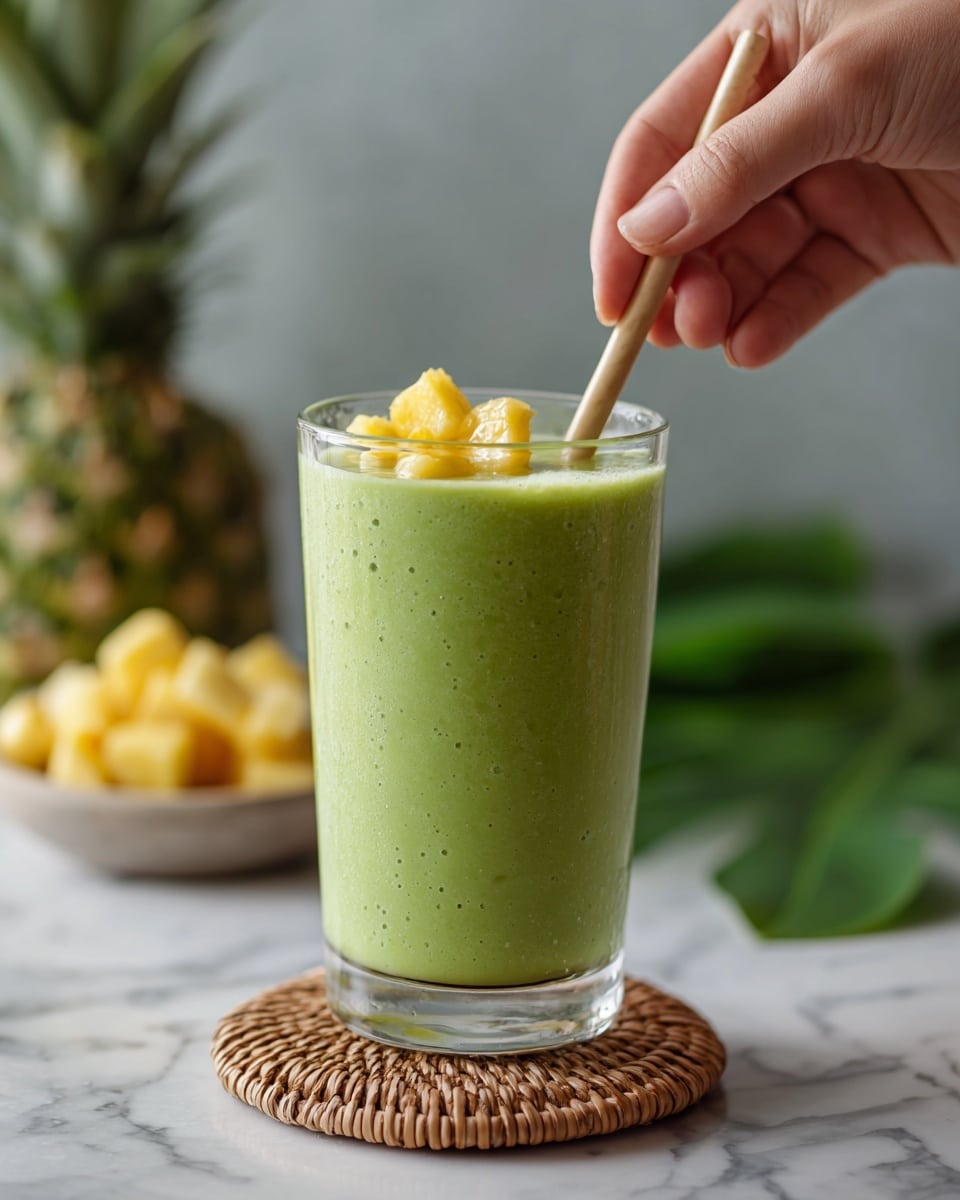 The image shows a clear glass filled with a thick green smoothie, topped with small yellow mango pieces and a few fresh green mint leaves. A woman's hand holds a white straw, gently placed in the smoothie from the right side of the frame. The glass sits on a round woven coaster, placed on a white marbled surface. In the blurry background, a white bowl contains more mango slices, adding a soft yellow color to the scene. The overall look is fresh and bright with natural light. photo taken with an iphone --ar 4:5 --v 7