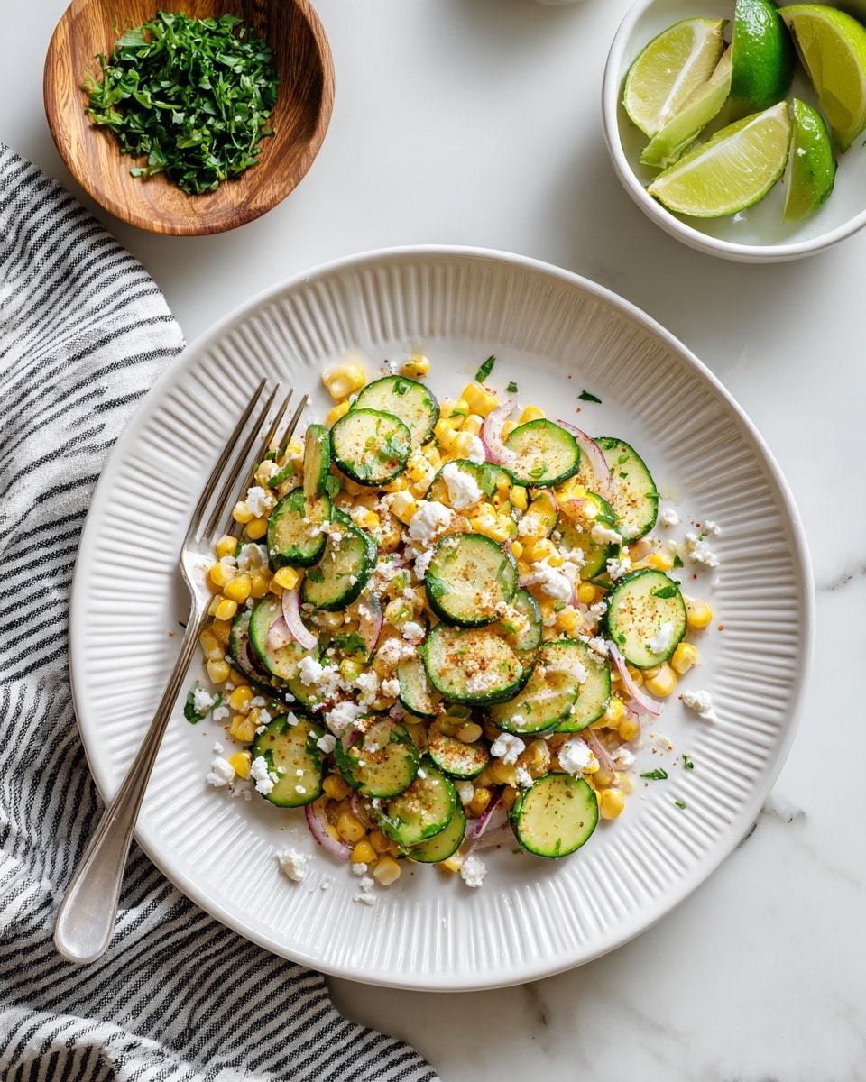 The image shows two white bowls on a white marbled surface. One bowl is filled with whole and sliced cucumbers that are light and dark green with a smooth texture. The other bowl has bright yellow corn kernels and two pieces of corn on the cob. Around the bowls, there are small glass jars of light-colored creamy dressings, a bunch of green cilantro leaves, two lime halves that are bright green, a small wooden spoon with dark brown sauce, and some white crumbly cheese scattered near the jars. The scene is bright and clean with fresh ingredients arranged neatly. photo taken with an iphone --ar 4:5 --v 7