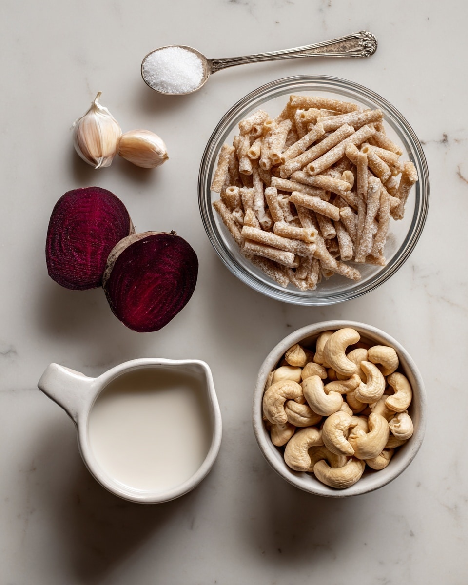 Top view of several ingredients arranged on a white marbled surface: a clear glass bowl filled with light brown pasta sticks on the upper right, a metal spoon holding white salt to the left of the pasta, two garlic cloves above the spoon, a small clear glass bowl containing a halved beet with deep red and purple colors below the salt spoon, a white ceramic measuring cup filled with whole light beige cashew nuts on the bottom right, and a white ceramic measuring cup filled with white liquid on the bottom left. Photo taken with an iphone --ar 4:5 --v 7