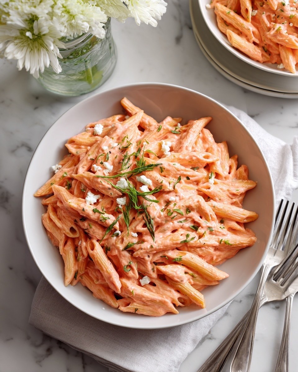 The image shows a bowl of penne pasta covered in bright pink creamy sauce, arranged in a white bowl on a white marbled surface. The pasta is coated thickly, giving it a textured look, with small white cheese crumbles scattered on top and a small bunch of fresh green herbs placed in the center. In the background, there is a second white bowl filled with the same pink pasta, and a white flower arrangement in a clear glass vase to the right side. Two silver forks lay near the bowl on the white marbled surface beside a small glass bowl that holds additional white cheese crumbles. Photo taken with an iphone --ar 4:5 --v 7