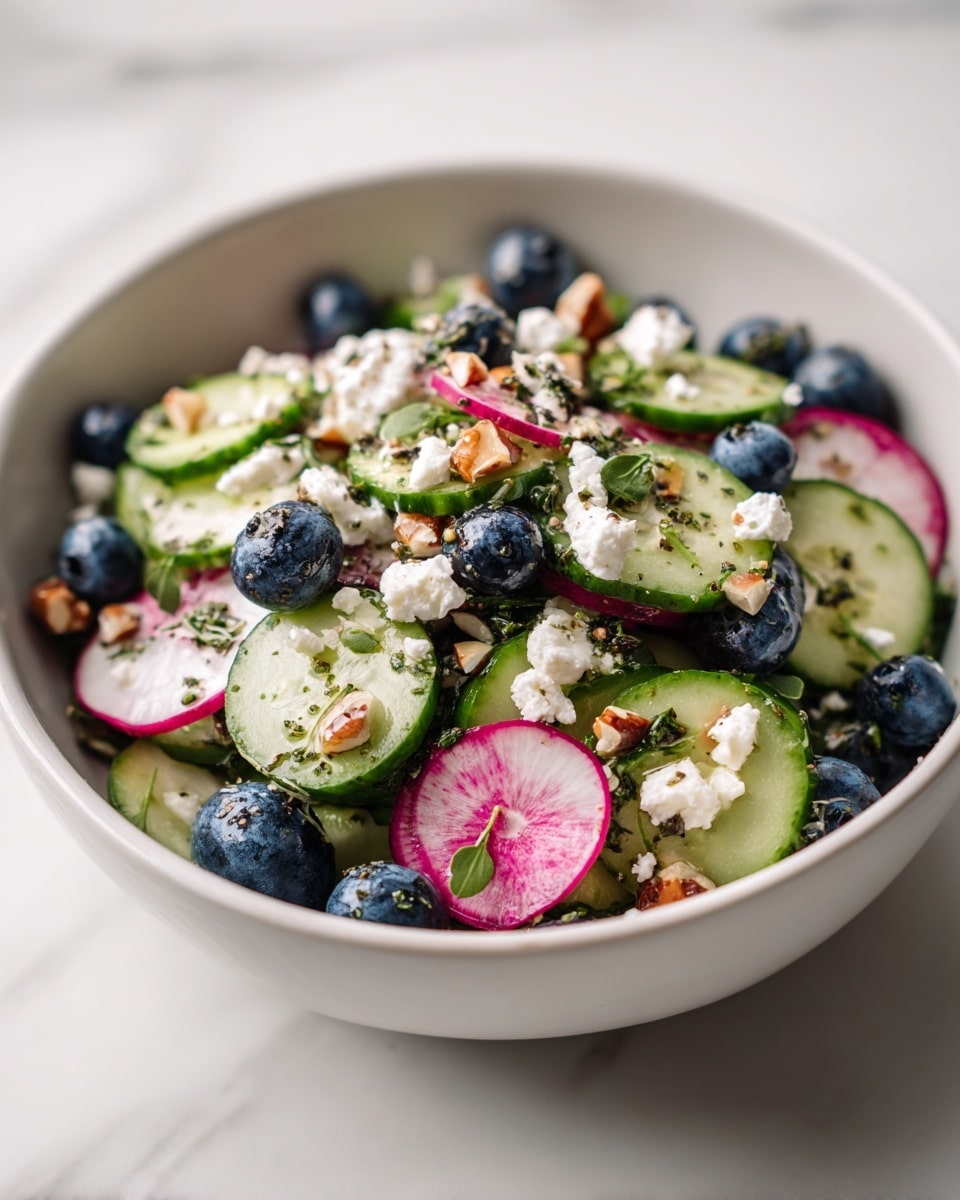 A white bowl filled with a fresh salad on a white marbled surface. The salad has layers of sliced green cucumbers, halved pink radishes, whole dark blue blueberries, and small white pieces of cheese. On top, there are golden-brown nuts sprinkled evenly, adding texture. The salad is lightly garnished with green herbs that add color and freshness throughout the mix. photo taken with an iphone --ar 4:5 --v 7