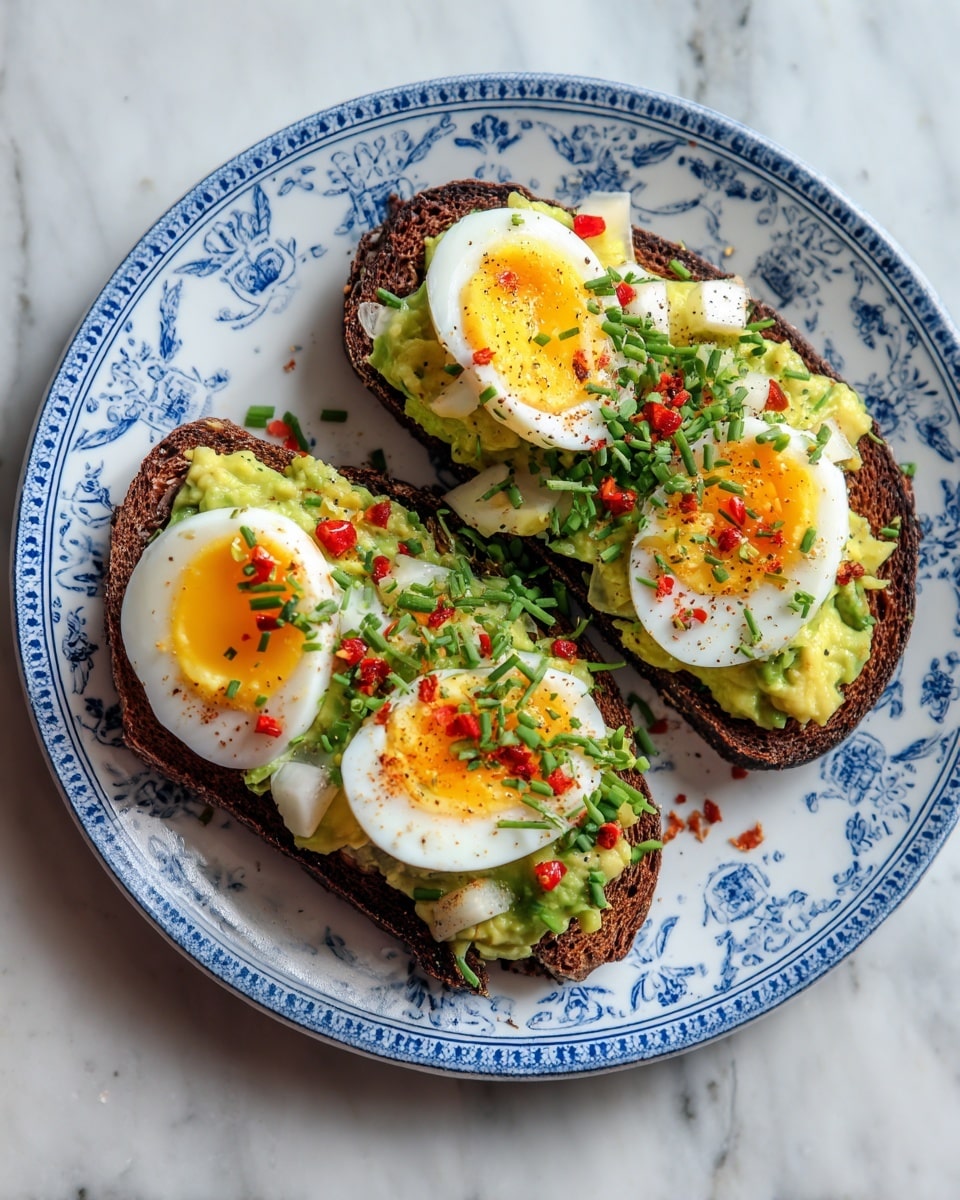 Two slices of brown toast sit side by side on a white plate with blue patterns, placed on a white marbled surface. Each toast slice is topped with a thick layer of creamy yellow egg salad with visible small chunks and bits of green herbs mixed in. On top of the egg salad, there are halves of hard-boiled eggs with bright yellow yolks. Small red spices are sprinkled over the eggs and salad, adding a touch of color. The scene is softly lit, highlighting the textures of the toast and creamy egg salad. Photo taken with an iphone --ar 4:5 --v 7