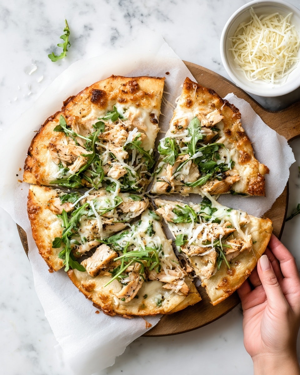 The image shows a rustic flatbread pizza divided into slices on a white rectangular plate with a white marbled surface underneath. The flatbread has a light brown, slightly crispy crust with visible char marks. It is topped with a layer of melted cheese that stretches slightly between slices, scattered green herbs evenly spread across the top adding a fresh touch, and thin light pink slices of cooked meat. A woman's hand is holding one slice, lifting it slightly from the plate. Next to the plate, there is a small white bowl filled with grated cheese. Photo taken with an iphone --ar 4:5 --v 7