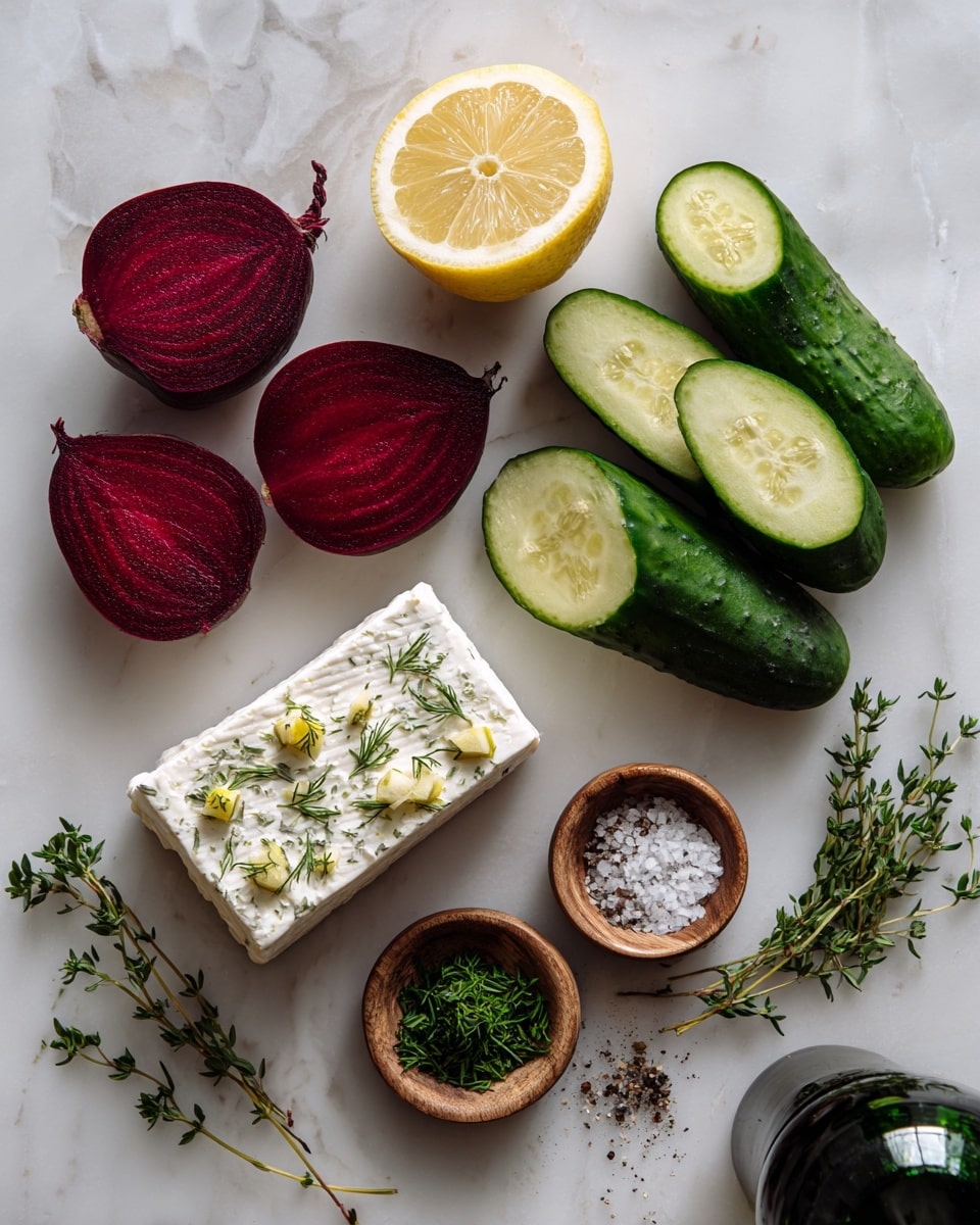The image shows ingredients placed on a white marbled surface. On the left, there are three beet halves with a deep red color and smooth texture. Next to them is a lemon half with a bright yellow, slightly shiny interior. On the right side, three cucumbers are arranged, two whole and one sliced, revealing a fresh light green center with seeds. Below the cucumbers, there is a rectangular block of white cheese with small green herb pieces on top. In front of the cheese, a small pile of chopped green herbs lies next to two small round wooden bowls, one filled with coarse salt and the other with black pepper. A small bunch of fresh thyme with tiny green leaves is close to the cheese. On the bottom right corner, there is a dark green glass bottle lying down. Photo taken with an iphone --ar 4:5 --v 7