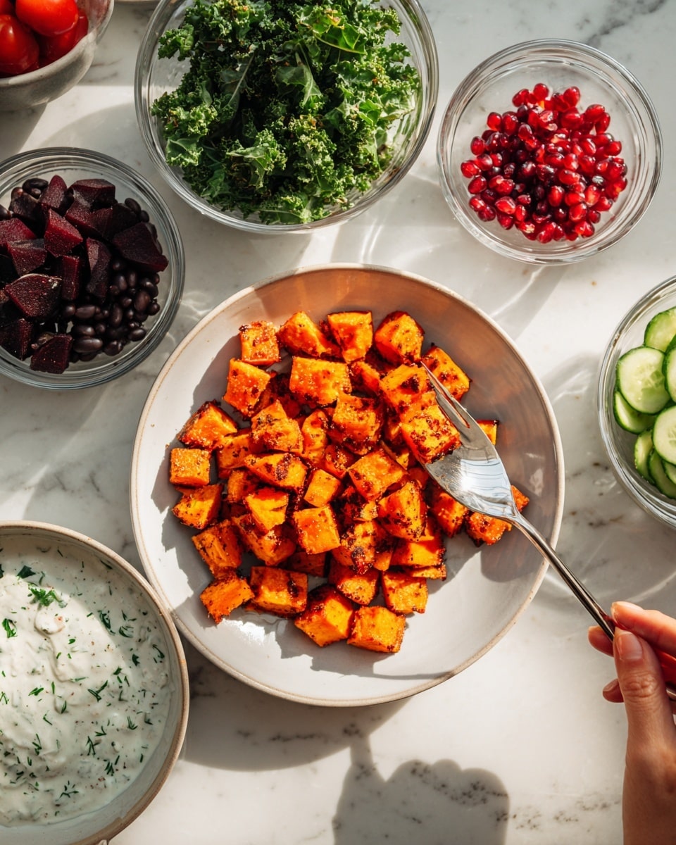 The image shows a white plate in the center filled with roasted orange sweet potato pieces, slightly crispy and seasoned. Around the plate are several small glass bowls placed on a white marbled surface: one bowl with fresh green kale leaves, another with dark black beans, a third with bright red cherry tomatoes, and a fourth with deep red pomegranate seeds. A bowl with creamy white sauce, speckled with green herbs, has a spoon inside. There is also a small bowl containing dark red beetroot pieces and a bowl with sliced light green cucumber. A woman's hand holds a silver spoon inserted into the creamy sauce. Bright, natural light highlights the vibrant colors of the fresh vegetables and the cooked sweet potatoes. Photo taken with an iphone --ar 4:5 --v 7