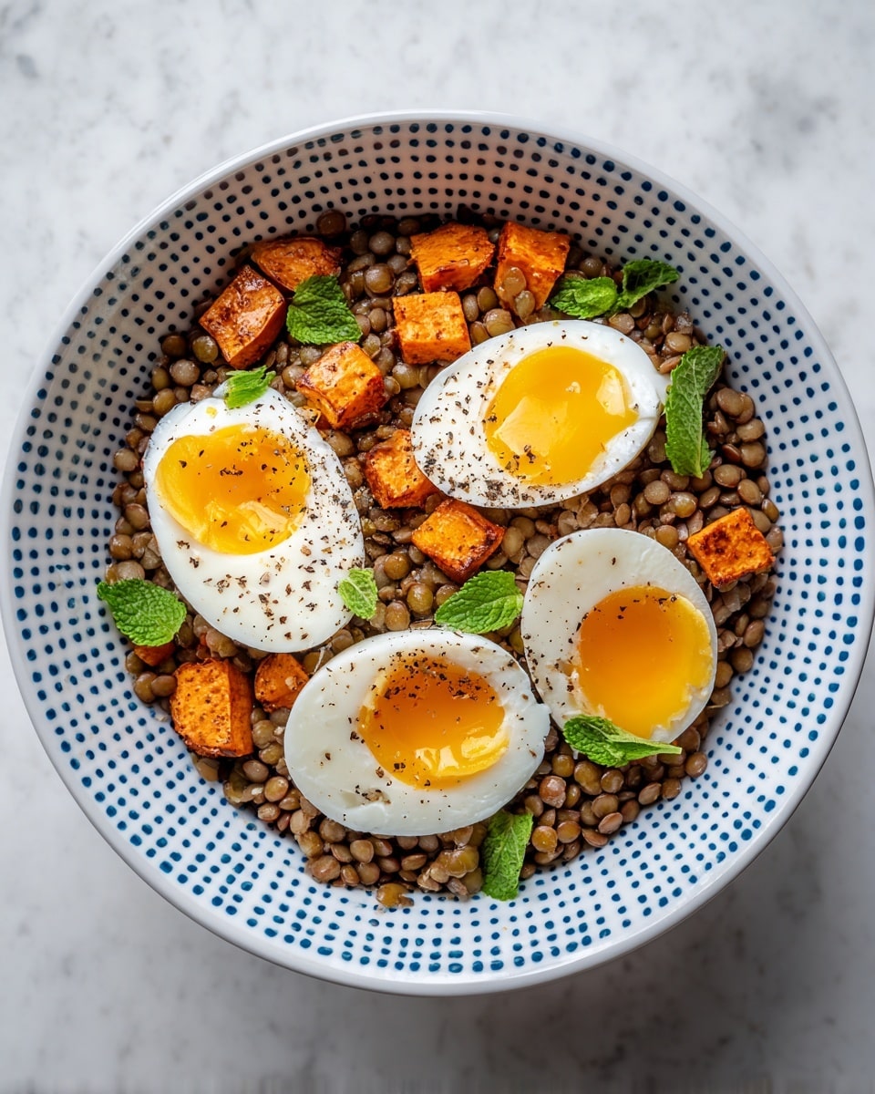 A white bowl with blue spots is filled with cooked lentils that form the bottom layer; on top are roasted orange sweet potato cubes with a slightly crispy texture and specks of dark seasoning. Two soft-boiled eggs, cut in halves showing shiny white with bright yellow yolks, rest on the sweet potatoes. Light creamy sauce is drizzled over the potatoes and eggs, sprinkled with black pepper, and fresh green mint leaves are placed on the eggs and potatoes for garnish. The bowl is placed on a white marbled surface with soft shadows around. photo taken with an iphone --ar 4:5 --v 7