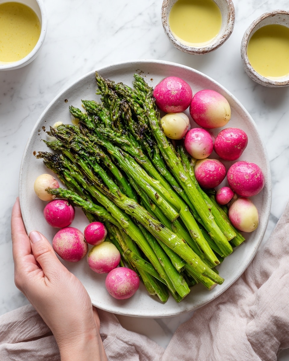 The image shows a bunch of green asparagus stalks and five small, round, dark pink radishes with green tops, all lying on a light wooden cutting board. The asparagus stalks are grouped on the left side, standing straight and showing their firm texture, while the radishes with their smooth skin and small green stems are placed close together on the right. A few sprigs of fresh green herbs also lie near the radishes. The background is a white marbled surface. photo taken with an iphone --ar 4:5 --v 7