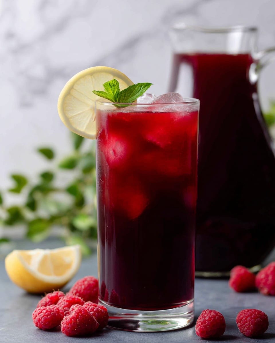 The image shows a clear glass filled with a deep red raspberry drink, topped with a small green mint leaf and a slice of yellow lemon on the rim. Next to the glass, there are a few fresh raspberries scattered on a dark surface, and a white pitcher filled with the same red drink is placed slightly behind the glass. The background has a white marbled texture with some green leaves adding a natural touch. Photo taken with an iphone --ar 4:5 --v 7
