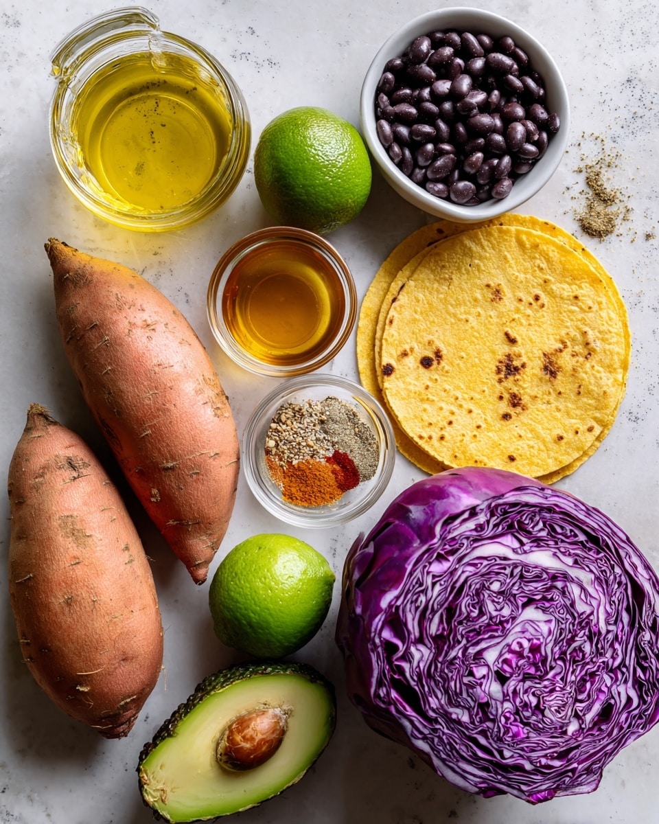 The image shows a white marbled surface with ingredients laid out neatly. There are two whole sweet potatoes with orange skin placed on the left side. A ripe green avocado and a whole lime rest near the middle. Next to them is a small glass jar of honey, a small glass bowl with a mix of sprinkling spices in light brown and orange tones, and a small bowl of black beans. A round yellow corn tortilla lies flat near the center. There is a medium-sized purple cabbage head that looks fresh and firm. Additionally, a glass of olive oil is placed at the top left corner. The colors in the image range from the earthy orange of the sweet potatoes and the bright green of the avocado and lime to the deep purple of the cabbage and dark black beans, all arranged carefully on a white marbled surface. Photo taken with an iphone --ar 4:5 --v 7