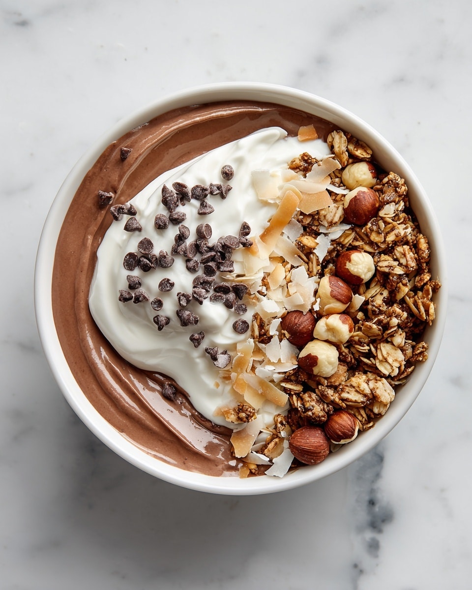 The image shows a white bowl filled with a creamy chocolate smoothie base that takes up the right side and bottom of the bowl. On the left side, the bowl is topped with a crunchy granola layer mixed with small nuts and seeds. Above the granola, there are several whole hazelnuts placed in a small cluster. Near the center, a thick dollop of white yogurt sits on top of the smoothie, sprinkled with tiny chocolate chips. The bowl is placed on a white marbled surface. Photo taken with an iphone --ar 4:5 --v 7