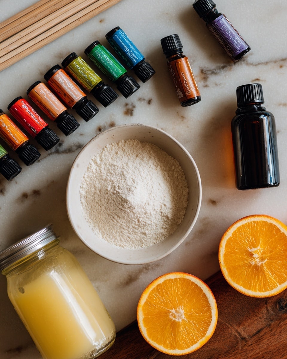 The image shows a wooden table with various cooking items neatly arranged. There is a white bowl filled with a white powdery substance in the center, a glass jar of light orange-yellow liquid on the left, an open black bottle on the right, and two halves of an orange placed near the center. A row of small paint tubes with different colors is seen on the top left corner, and a few wooden sticks lie next to the jar. The background is a white marbled texture. Photo taken with an iphone --ar 4:5 --v 7