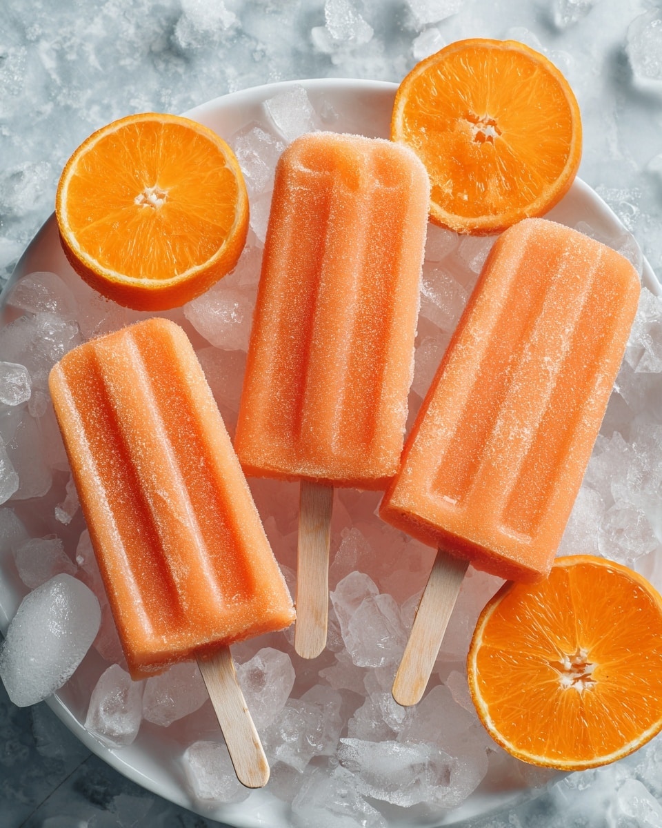 A white round bowl filled with clear ice cubes holds four orange-colored popsicles with wooden sticks. The popsicles are slightly translucent, showing hints of citrus inside, and are placed in different directions over the ice. Around the popsicles, there are three orange slices showing their bright, juicy interiors. The whole setup is on a white marbled surface. photo taken with an iphone --ar 4:5 --v 7