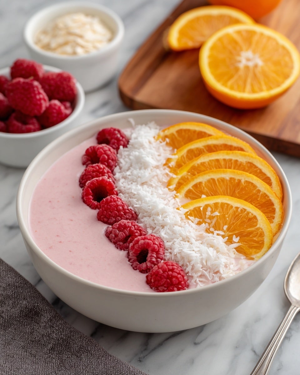 The image shows a white bowl filled with a smooth pink smoothie. Around the edge of the bowl, there are three different toppings: bright red raspberries on the left side, orange slices in the top right, and a layer of white shredded coconut along the bottom right. The bowl sits on a white marbled surface. To the left of the bowl are two wooden boards holding orange slices and a small glass bowl filled with white shredded coconut. On the right side, a silver spoon rests on a crumpled dark gray cloth. Photo taken with an iphone --ar 4:5 --v 7