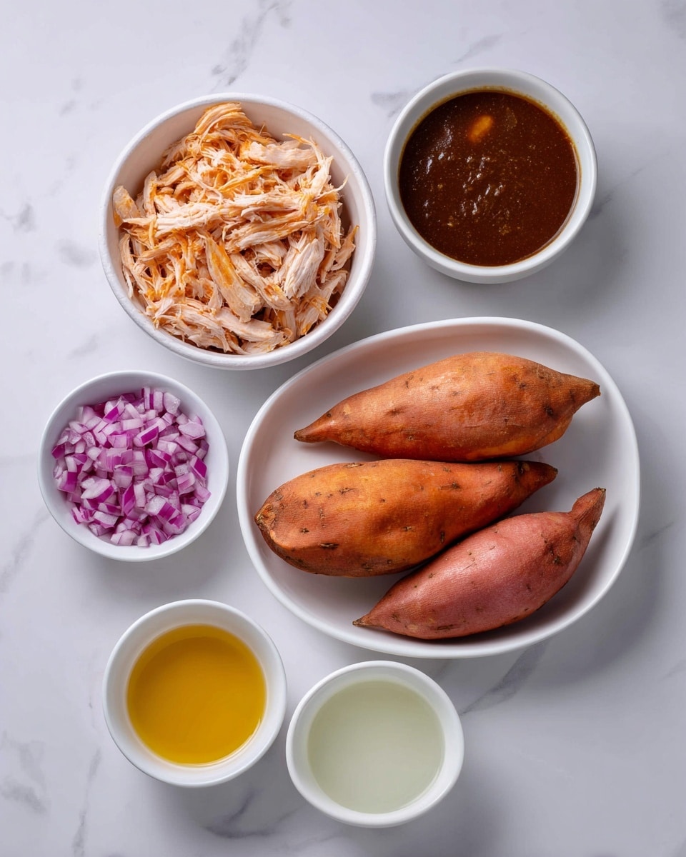 The image shows five white dishes placed on a white marbled surface. The largest dish at the bottom right holds four whole baked sweet potatoes with a slightly wrinkled orange skin. Above it and to the left is a white bowl filled with shredded cooked chicken. To the left of the sweet potatoes is a small white bowl with finely chopped red onions, showing shades of purple and white. In the center, there is a small white bowl with a thick dark brown sauce. To the right of the sauce is a small white bowl with a pale yellow, smooth, and creamy liquid. Finally, to the right of the sweet potatoes is a small white bowl with a clear liquid. All the bowls have clean shapes and neat contents, with the colors contrasting well against the white marbled surface. Photo taken with an iphone --ar 4:5 --v 7