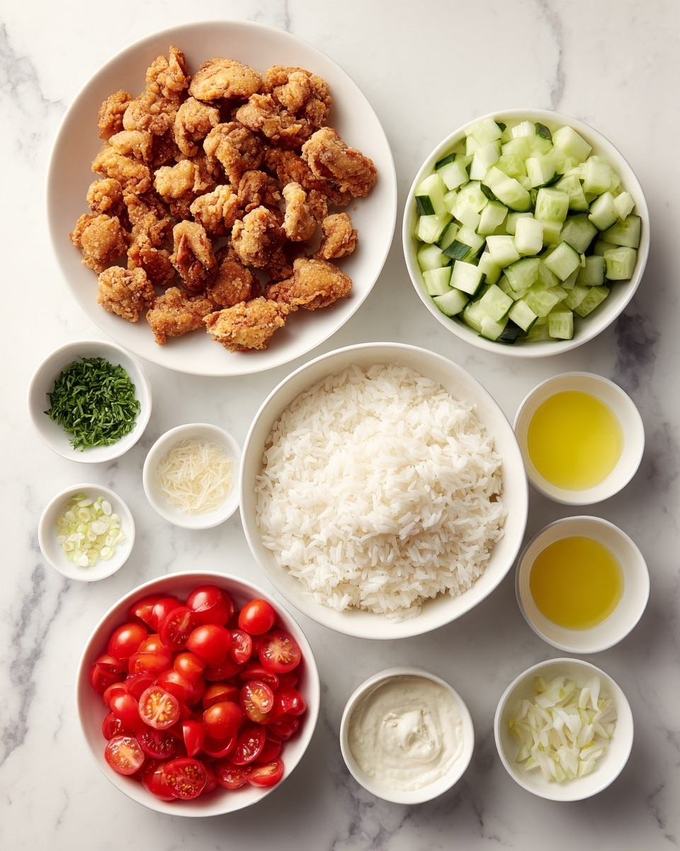 The image shows a white bowl filled with golden-brown fried chicken pieces placed in the top left. Around it are smaller white bowls arranged neatly on a white marbled surface. Below the chicken bowl is a larger white bowl filled with plain white rice. To the right of the rice is a white bowl with diced green cucumbers. Above the cucumbers, small bowls hold yellow oil, pale yellow lemon juice, and white salt. Below the cucumbers are halved bright red cherry tomatoes in a white bowl. At the bottom left, there are small bowls with white garlic flakes, creamy white sauce, and finely chopped green herbs. The setup is clean and organized with good lighting, photo taken with an iphone --ar 4:5 --v 7