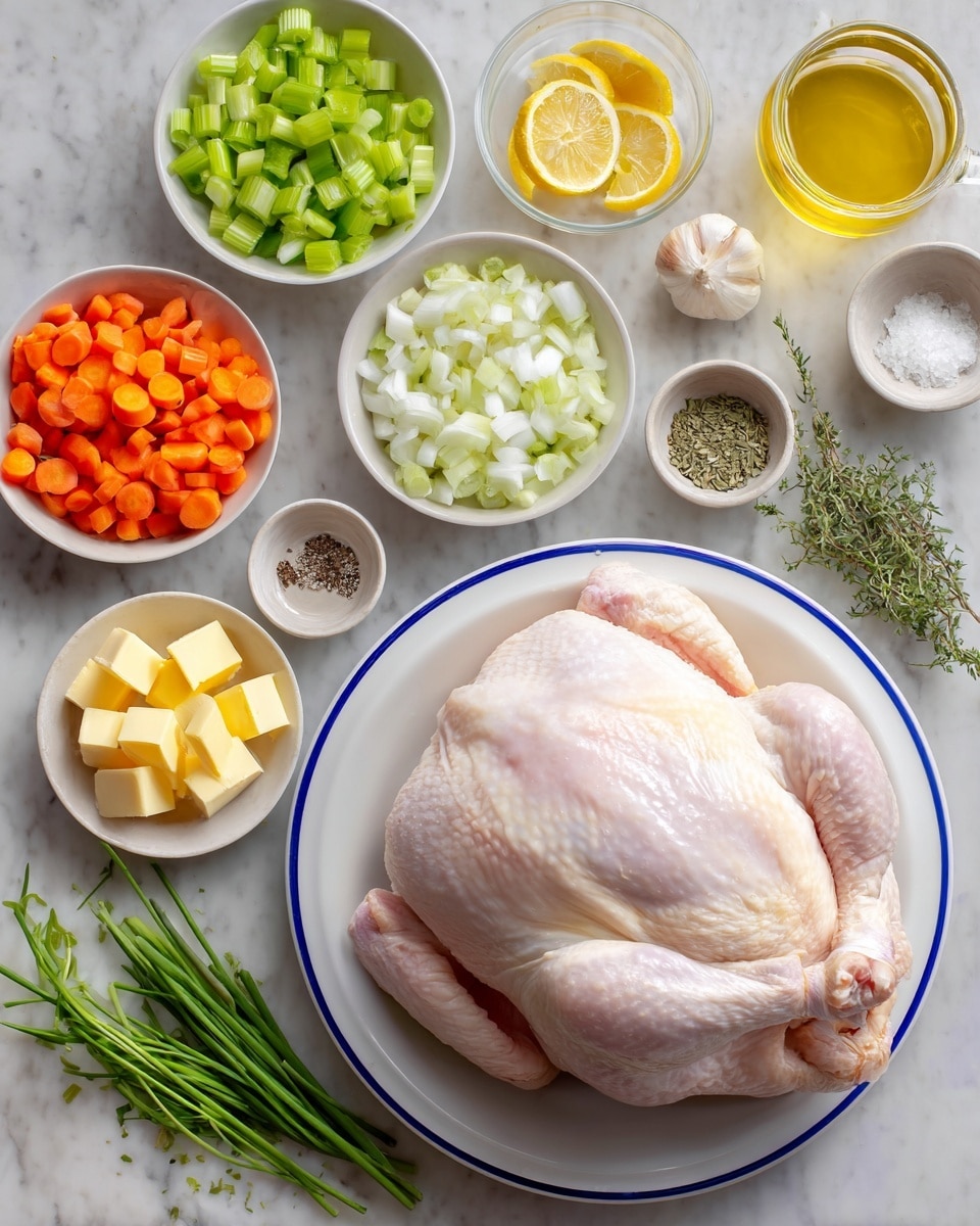 A whole raw chicken with pale pink skin lies on a white plate with a blue rim, placed on a white marbled surface. Surrounding it are small white bowls filled with chopped bright green celery, orange carrots, and finely diced white onions, along with a bowl of yellow butter cubes and another with sliced white onions. There is also a small white bowl with lemon slices, a small bowl of black pepper, a small bowl of salt, a glass bowl with bright orange carrot slices, a small glass bowl with dried green herbs, and a clear glass container filled with yellow liquid, likely broth or oil. A white plate holds fresh green celery leaves and chives arranged neatly. photo taken with an iphone --ar 4:5 --v 7