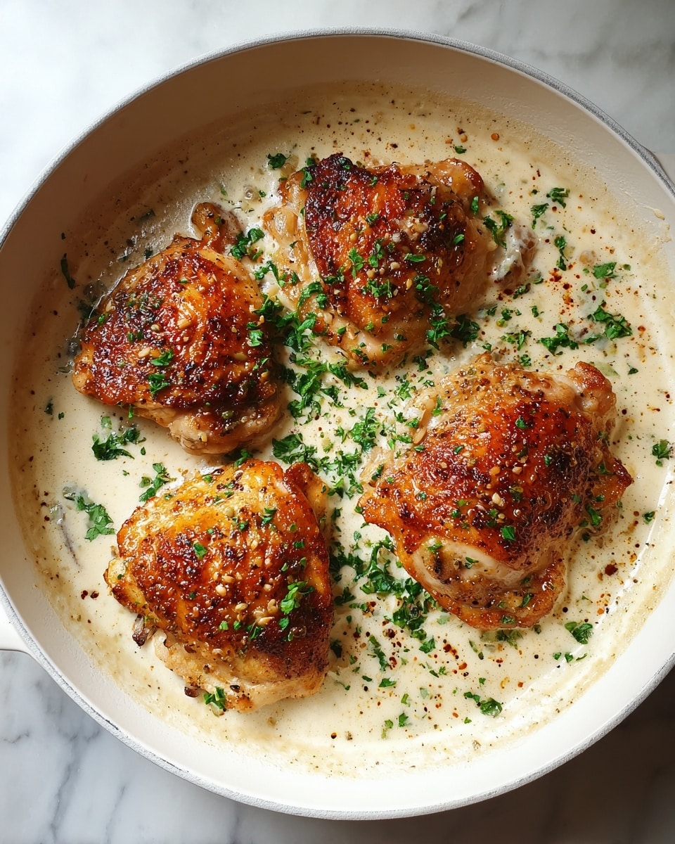 The image shows four pieces of cooked chicken with brown, crispy skin in a creamy sauce. The sauce is light cream colored with green herbs sprinkled on top. The chicken pieces have some red seasoning and green parsley on them. The dish is in a white pan on a white marbled surface. The sauce looks thick and smooth, covering the bottom of the pan around the chicken pieces. photo taken with an iphone --ar 4:5 --v 7