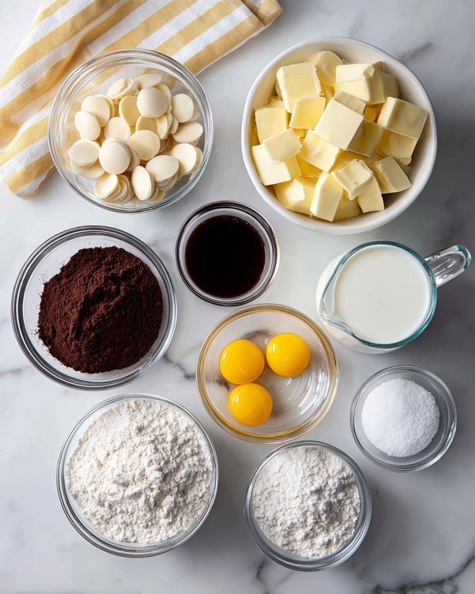 The image shows eight clear and white bowls arranged on a white marbled surface, each holding different baking ingredients. At the top center is a clear glass bowl with small beige chocolate discs, followed by a white bowl filled with pale yellow cubed butter on the right. Below the chocolate discs is a small clear bowl containing dark brown vanilla liquid, and next to it is a glass measuring jug filled with white milk. To the right of the milk is a small clear bowl with a transparent liquid. Below these containers is a clear bowl with three bright yellow egg yolks and whites. To the left of the eggs is a clear bowl containing dark brown cocoa powder with a white spoon in it, then a white bowl full of light white flour. Finally, two tiny clear bowls at the bottom right hold white salt and a white powdery substance, possibly baking powder. A yellow and white striped kitchen towel is on the left side near the bowls. photo taken with an iphone --ar 4:5 --v 7