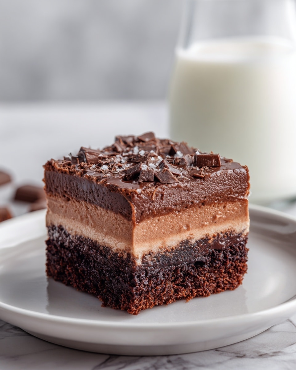 The image shows a close-up view of a chocolate dessert with two visible layers resting on a white plate. The bottom layer is dense and dark brown with a slightly crumbly and moist texture. The top layer is a smooth, lighter brown chocolate filling with a creamy look. On the top surface, there is a textured chocolate crust that is cracked and uneven with pieces flaking off. In the background, a clear glass filled with white milk is partly visible, and the whole scene is set on a white marbled surface. Photo taken with an iphone --ar 4:5 --v 7