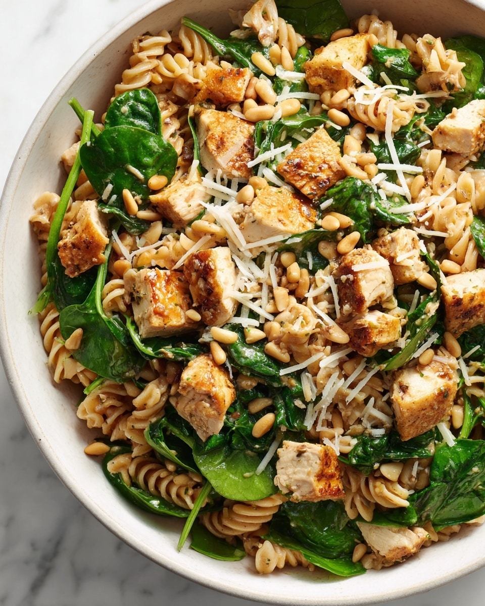 The image shows a white bowl filled with three layers of food: at the bottom are spiral pasta pieces with a creamy light green dressing, the middle layer includes grilled brown chicken pieces with grill marks, and the top layer has fresh dark green spinach leaves and sprinkled white beans. The textures range from soft pasta to slightly crunchy spinach, and the colors include pale yellow pasta, brown chicken, and vibrant green leaves. The bowl is placed on a white marbled surface. photo taken with an iphone --ar 4:5 --v 7