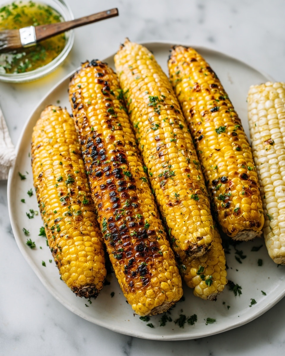 Four grilled corn cobs with golden yellow kernels and light brown char marks are arranged side by side on a white plate, each showing small bits of green herbs scattered on the kernels. Behind the plate, there is a glass bowl with a brush resting in it, containing a brownish sauce. To the right are two uncooked corn cobs with pale yellow and white kernels. All items are placed on a white marbled surface. photo taken with an iphone --ar 4:5 --v 7