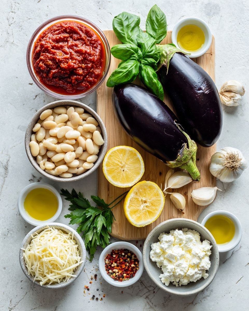 A top view of various raw cooking ingredients arranged on a white marbled surface, featuring a large, shiny, dark purple eggplant on the right side placed on a light wooden cutting board with two lemon halves, two garlic cloves, and fresh green basil and parsley leaves next to it. On the left side, there are several small white and gray bowls: a large clear glass bowl filled with thick red tomato sauce at the top left, a gray bowl of pale white beans below it, a gray bowl of shredded white cheese near the bottom, and a gray bowl with creamy white ricotta cheese near the top right. Around these bowls, there are small white containers holding golden yellow olive oil, coarse salt, and red chili flakes. Photo taken with an iphone --ar 4:5 --v 7